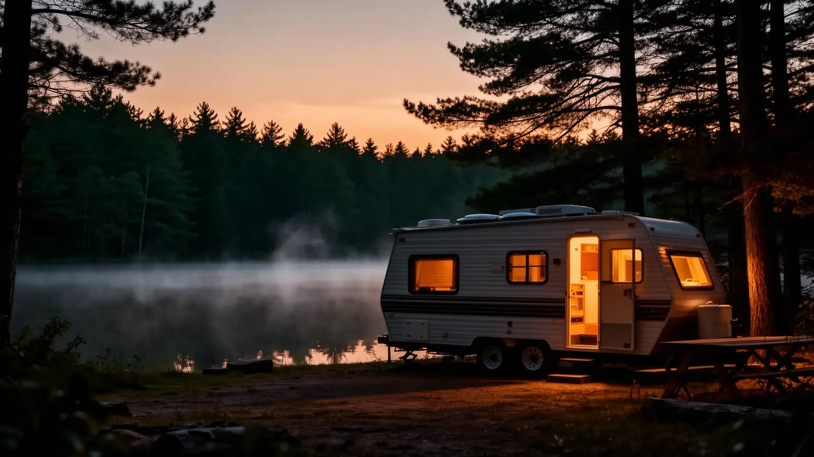 Fifth wheel glowing at dusk by an Ontario lake
